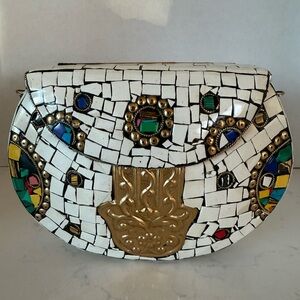 Ramla White Mosaic Crossbody Bag w/ Hamsa Motif Handcrafted Tile & Brass